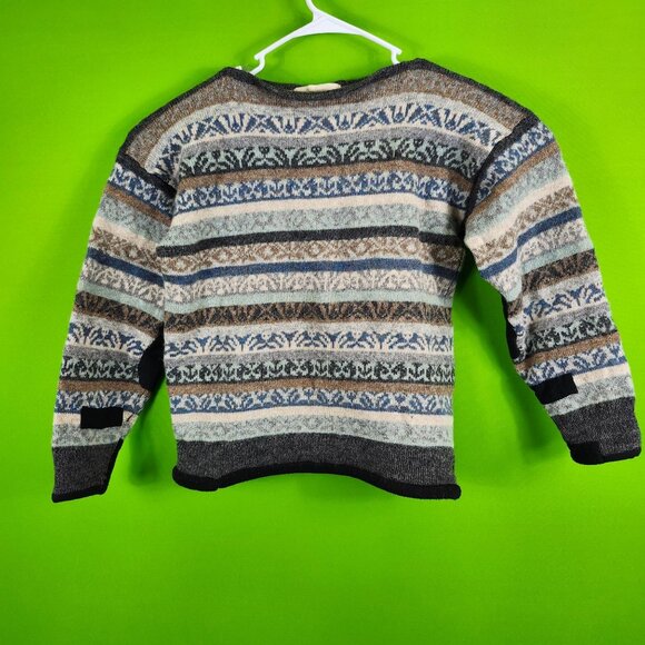 Walesey Wool Jumper With Striped Nordic Pattern & Elbow Patches Medium Size - Picture 1 of 7